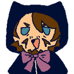  gif of chibi viktor waddling, while wearing a black cat-eared hood decorated with a big purple bow