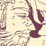 doodles of rogue trader viktor. one of his bust, shirtless, smiling. another bust, sideways, also smiling. a chibi doodle of him angrily pointing at someone, yelling, 'guards, dispose of this heretic...!!'
