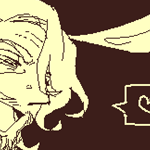 drawing of viktor in a bunnysuit, sitting with his legs crossed on top of an anonymous person's lap, teasing them, one arm slung around their shoulder, while his other hand toys with a dagger.