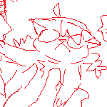 a doodle of caled seemingly about to give cat karin a smooch, but she pushes his face away with her paw, while caled tells her, 'come on...'