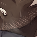 drawing of kindred eil sucking someone off -- post-blowjob, face and hair covered in cum, while the other party rests their dick on his forehead and hair. eil is gripping his leg, visibly annoyed. 