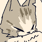 (monster hunter au) doodle of hunter vicky and hunter eil having a meal together, and a doodle of palico karin and palico theo eating together, with karin biting into a hunk of meat while theo finishes off a bowl of soup