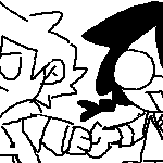 chibi doodle of theo and karin, holding hands and skipping. theo is raising a knife with his free hand, while karin grips a cleaver in hers.