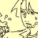 doodle of eil mid-gardening, going 'what the hell?' as he holds a chibi bunny-hybrid vicky (also in a bunnysuit) by his ears,  while his dog looks at the two of them in confusion