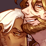 drawing of viktor and eil wearing golden bikinis, with viktor straddling eil's thigh, arms wrapped around him.