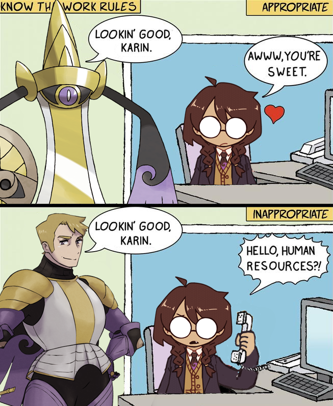 'Hello, Human Resources?! meme but with Aegislash Caled and Humanoid Caled. First panel shows an 'appropriate' interaction where Aegislash Caled greeting Karin, who responds positively, 'Aww, you're sweet.' The second panel shows an 'inappropriate' interaction where humanoid Caled doing the same thing, but with Karin picking up the phone and angrily calling, 'Hello, Human Resources?!' in response instead.